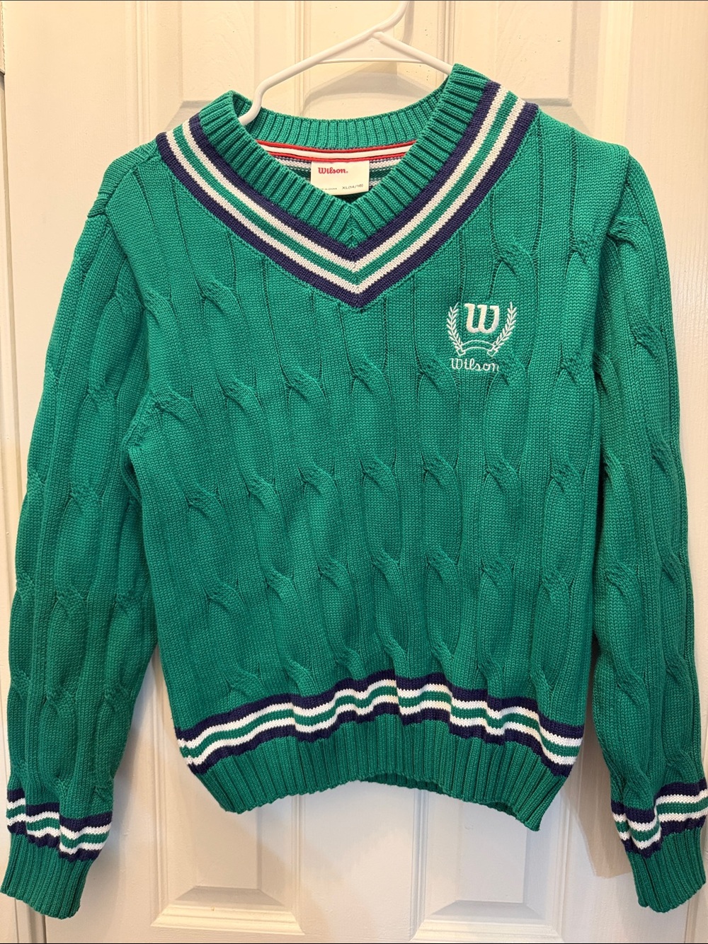 Wilson Teal Cable Knit V-Neck Sweater with Stripe Trim